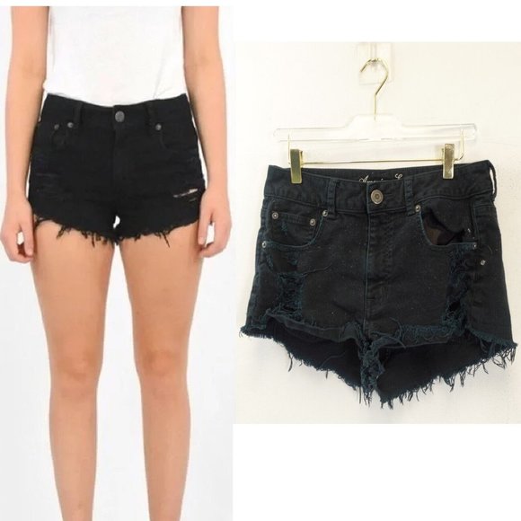 AMERICAN EAGLE Womens Black Jean Short Shorts 8 MEDIUM Mid Rise‎ Distressed Raw - Picture 1 of 12